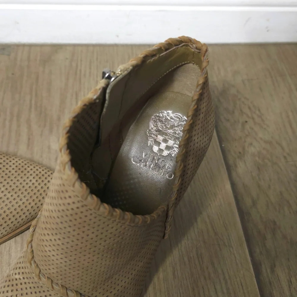 VINCE CAMUTO Lamorna Perforated Leather Pointy Bootie, Stacked Heel, Brown, 8.5 - Picture 11 of 11